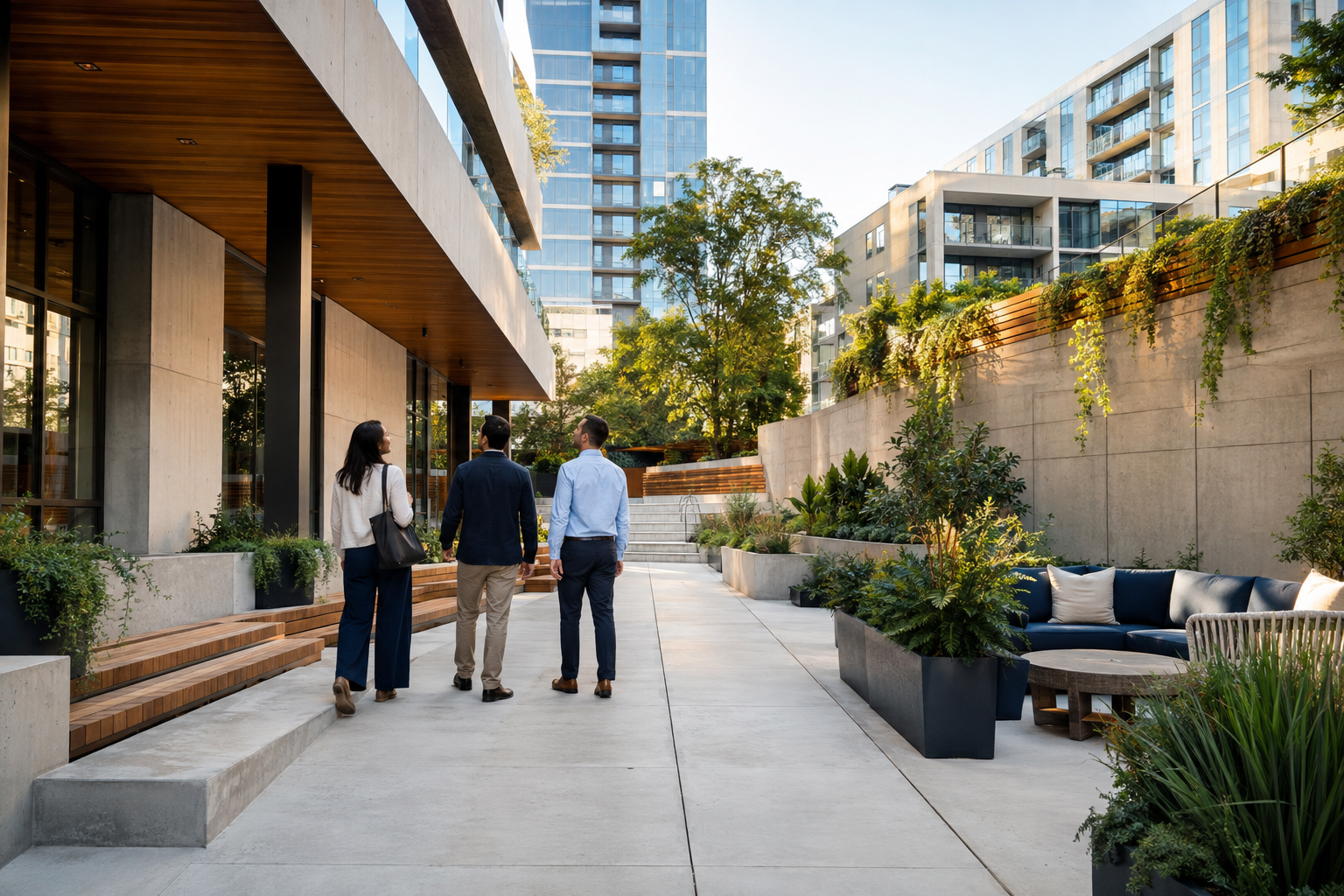 Professionals walking through a modern landscaped courtyard