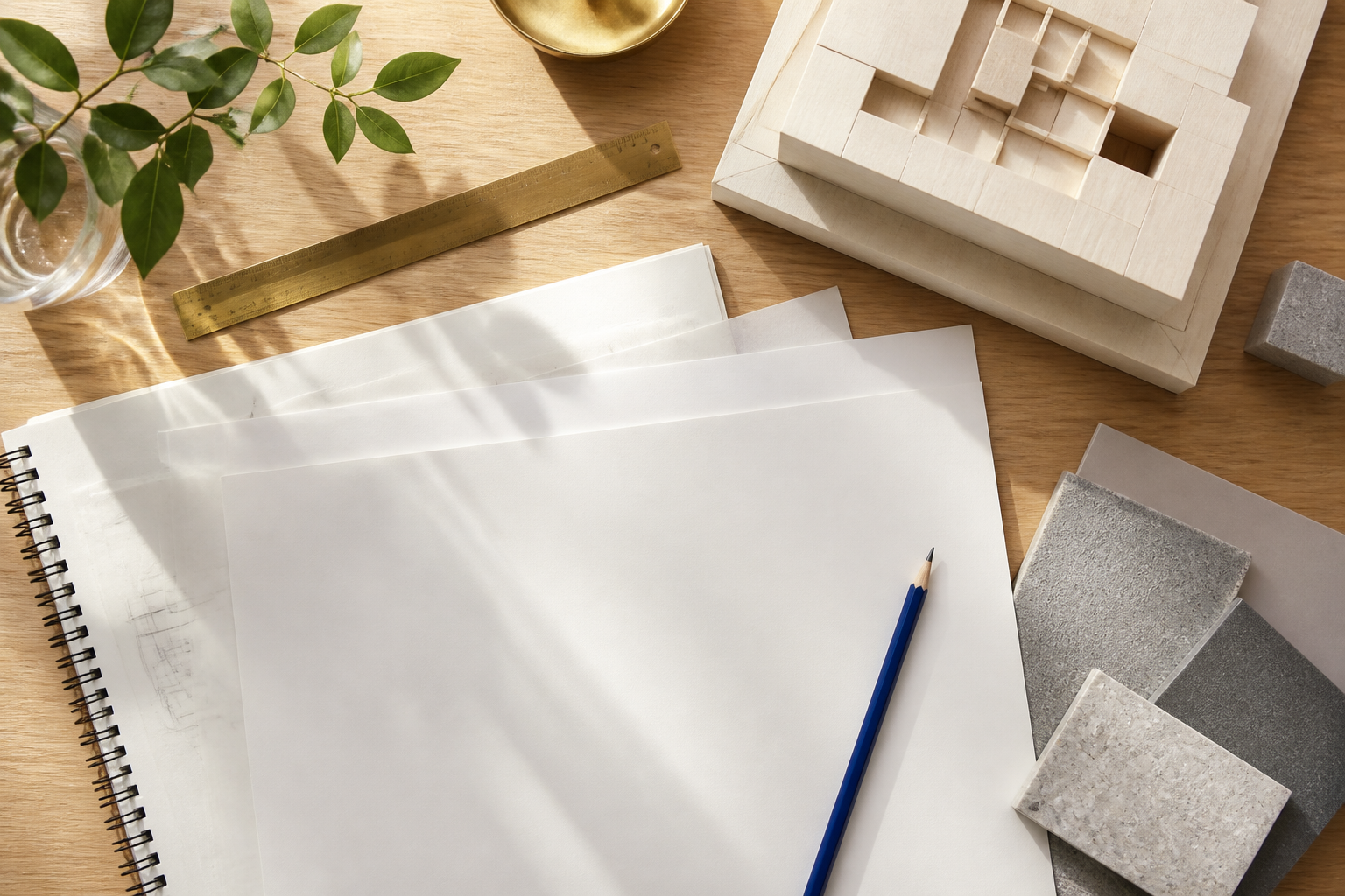 Blank architectural sketches and material samples on an oak design table
